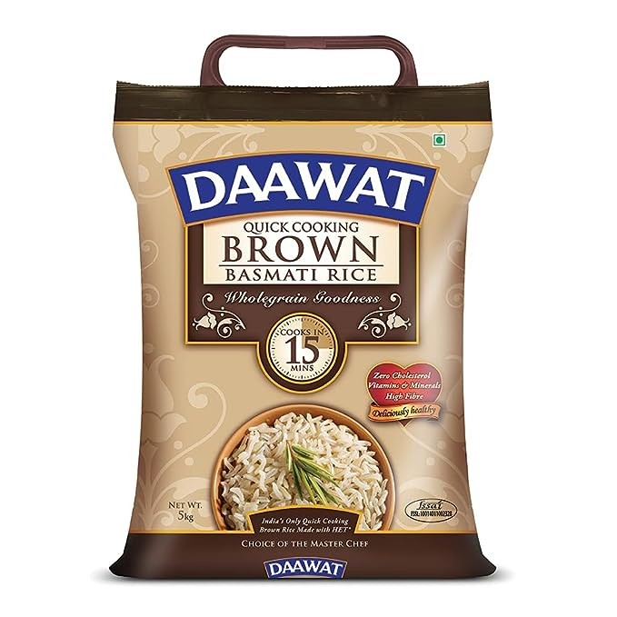 Daawat Brown, Cooks in 15-minute, Full Bran Intact, Fibre-Rich Basmati Rice, 5 Kg
